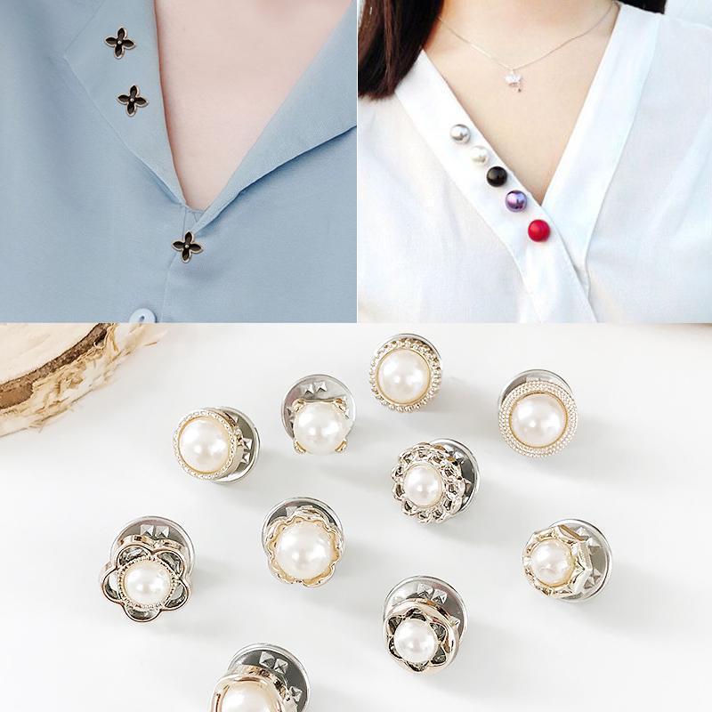 10 Pcs Women's Hidden Button Brooches, elegant flower design, steel modesty pins for fashion