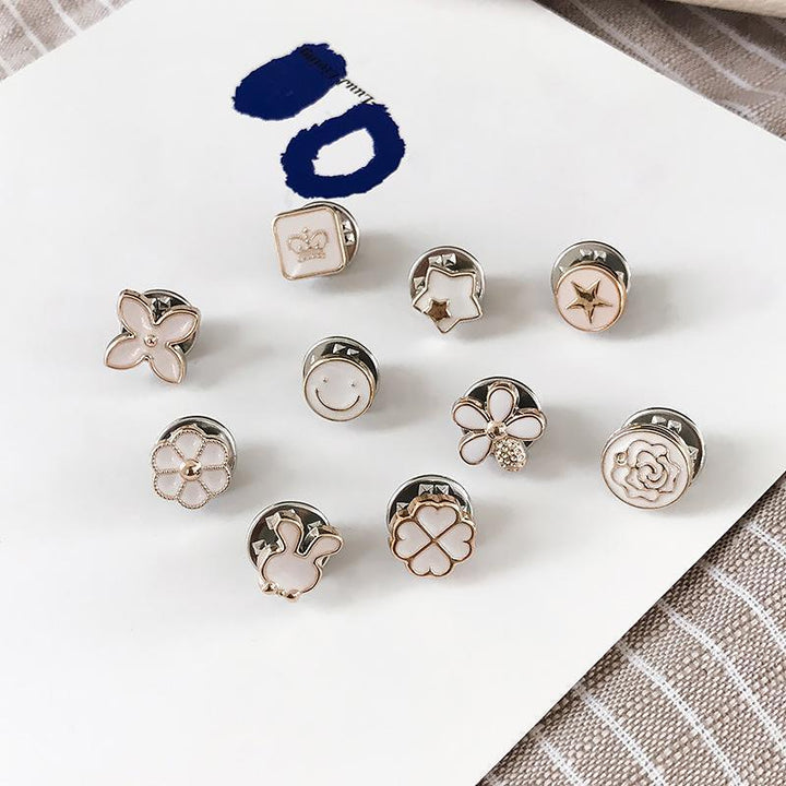 Flower-shaped hidden button brooches, 10 pcs for women, steel modesty pins and fashion jewelry