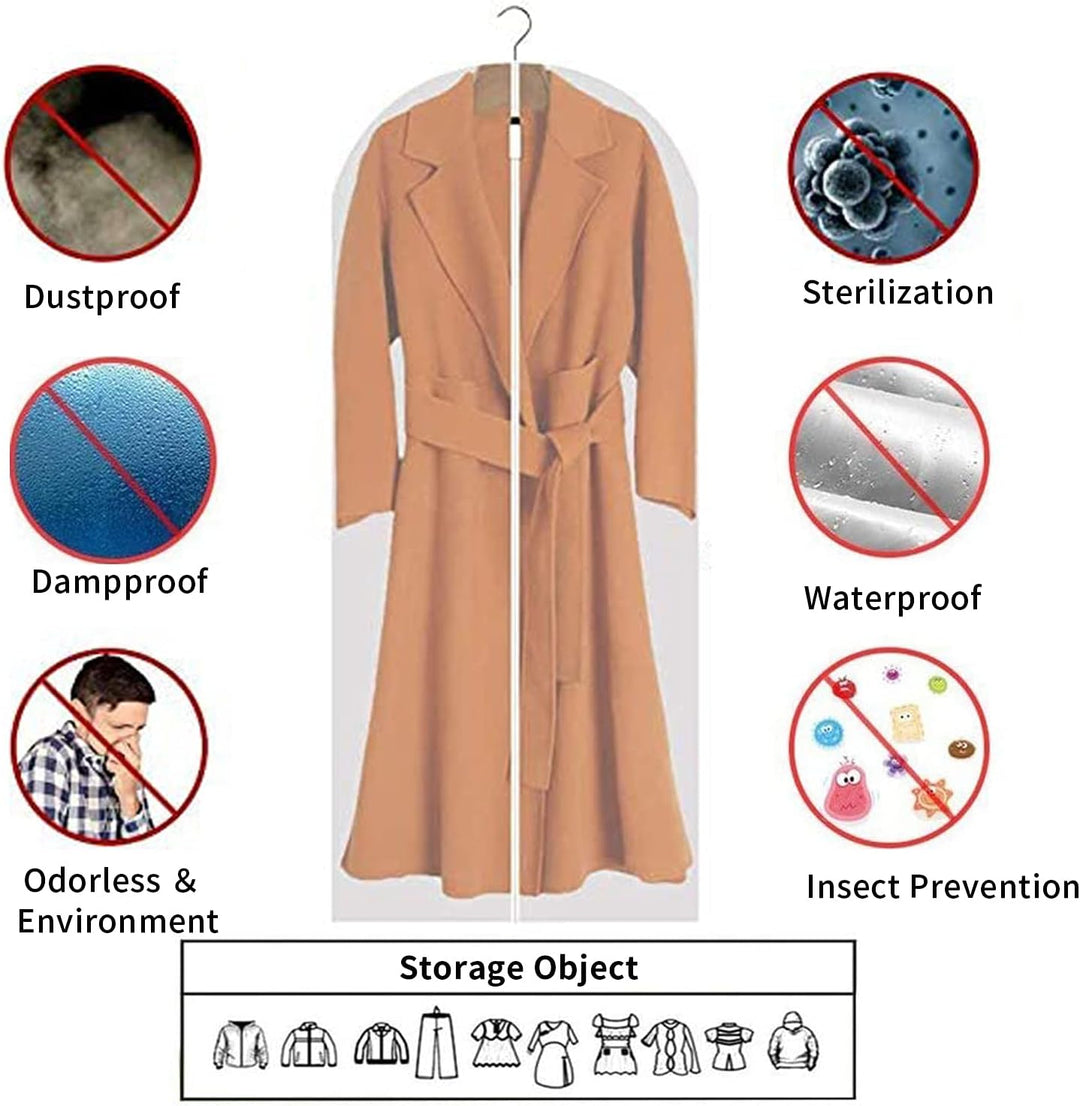 Clear PEVA 12-pack garment bags for protecting suits, dresses & clothes from dust.