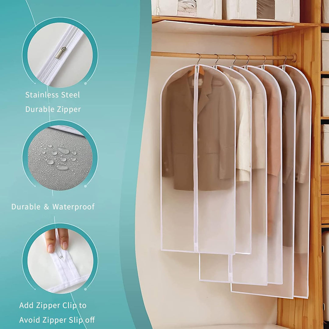See-through PEVA garment bags, 12-pack, offering dustproof & moisture-proof clothes storage.