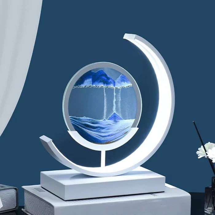 "3D Sand Shell Table Lamp emitting soothing green LED light; modern art-inspired design with dynamic sand patterns."