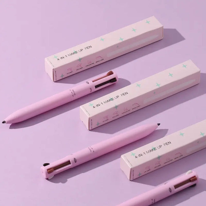 4-in-1 versatile makeup pen for eyes & lips, featuring eyeliner, lipliner, brow, highlighter. Vegan beauty travel tool.