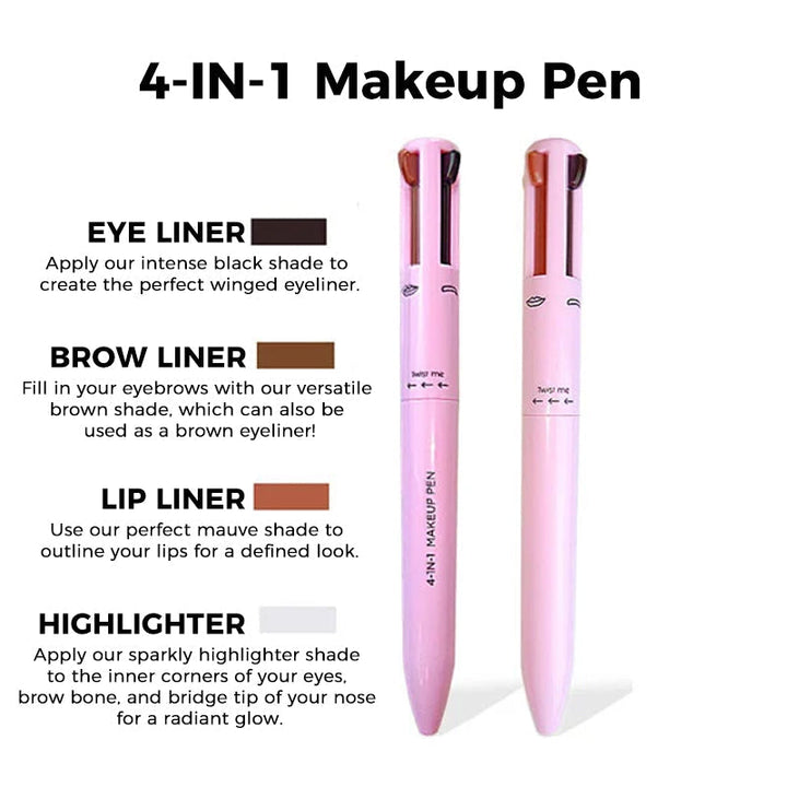 Beauty essential: 4-in-1 makeup pen. Eyeliner, lipliner, brow pencil, and highlighter for a flawless, quick makeup.