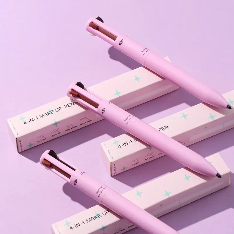 Travel-friendly 4-in-1 makeup pen: smudge-proof eyeliner, creamy lipliner, precise brow pencil, radiant highlighter.