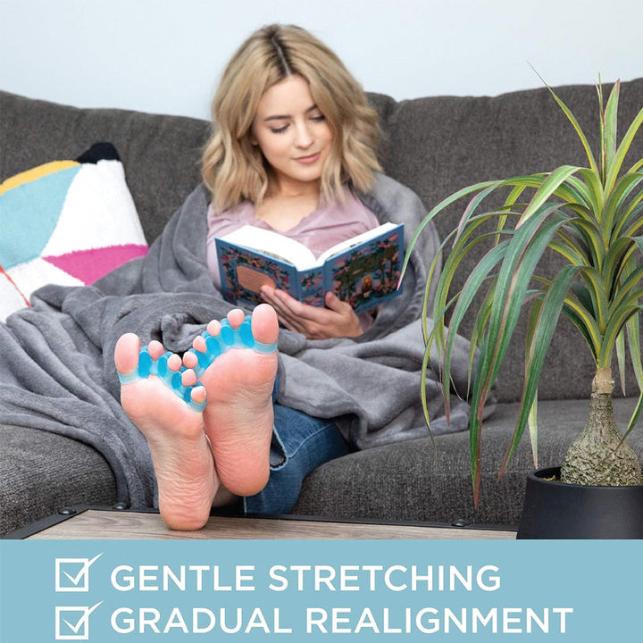 A foot wearing gel toe separators, demonstrating proper toe alignment and improved circulation.