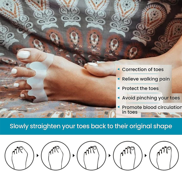 Image showing how to wear gel toe separators for optimal foot alignment and toe spacing.