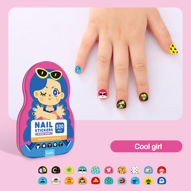 Girl proudly displaying her nails adorned with colorful Kids Fun Nail Art Decal Stickers