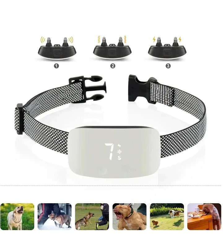 "Automatic anti-bark dog collar, sleek design, rechargeable, waterproof, adjustable nylon strap, durable for all dog sizes."
