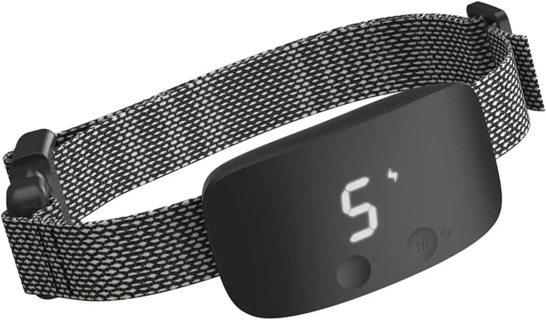 "Automatic anti-bark dog collar, sleek design, rechargeable, waterproof, adjustable nylon strap, durable for all dog sizes."