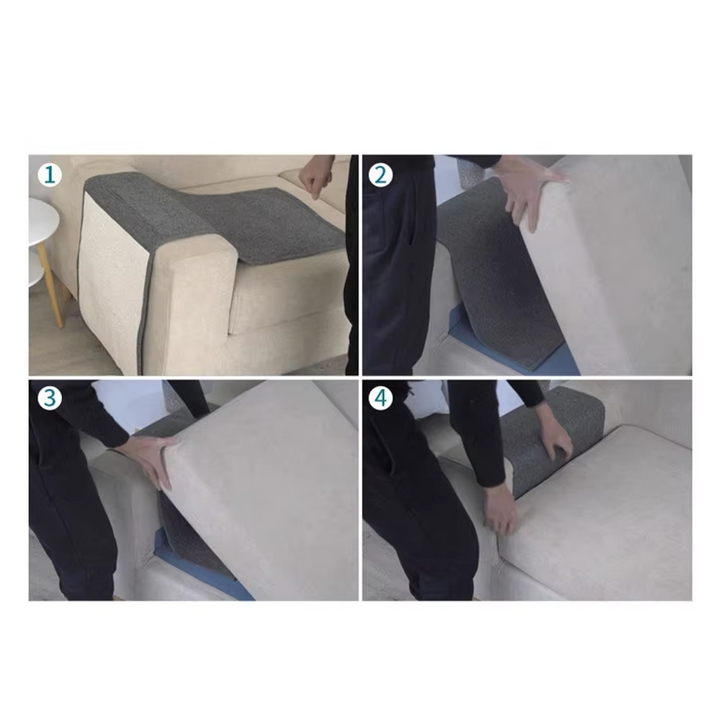 "Cat scratch protector mat for sofa armrest with sisal, discreet design, prevents furniture damage, enhances home decor."