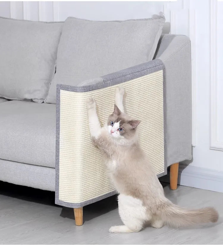 "Cat scratch protector mat for sofa armrest with sisal, discreet design, prevents furniture damage, enhances home decor."