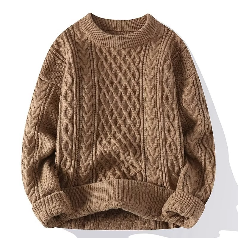 Classic knit women's sweater; cozy, round neck, hip-length, great for autumn and winter, pairs well with various outfits.