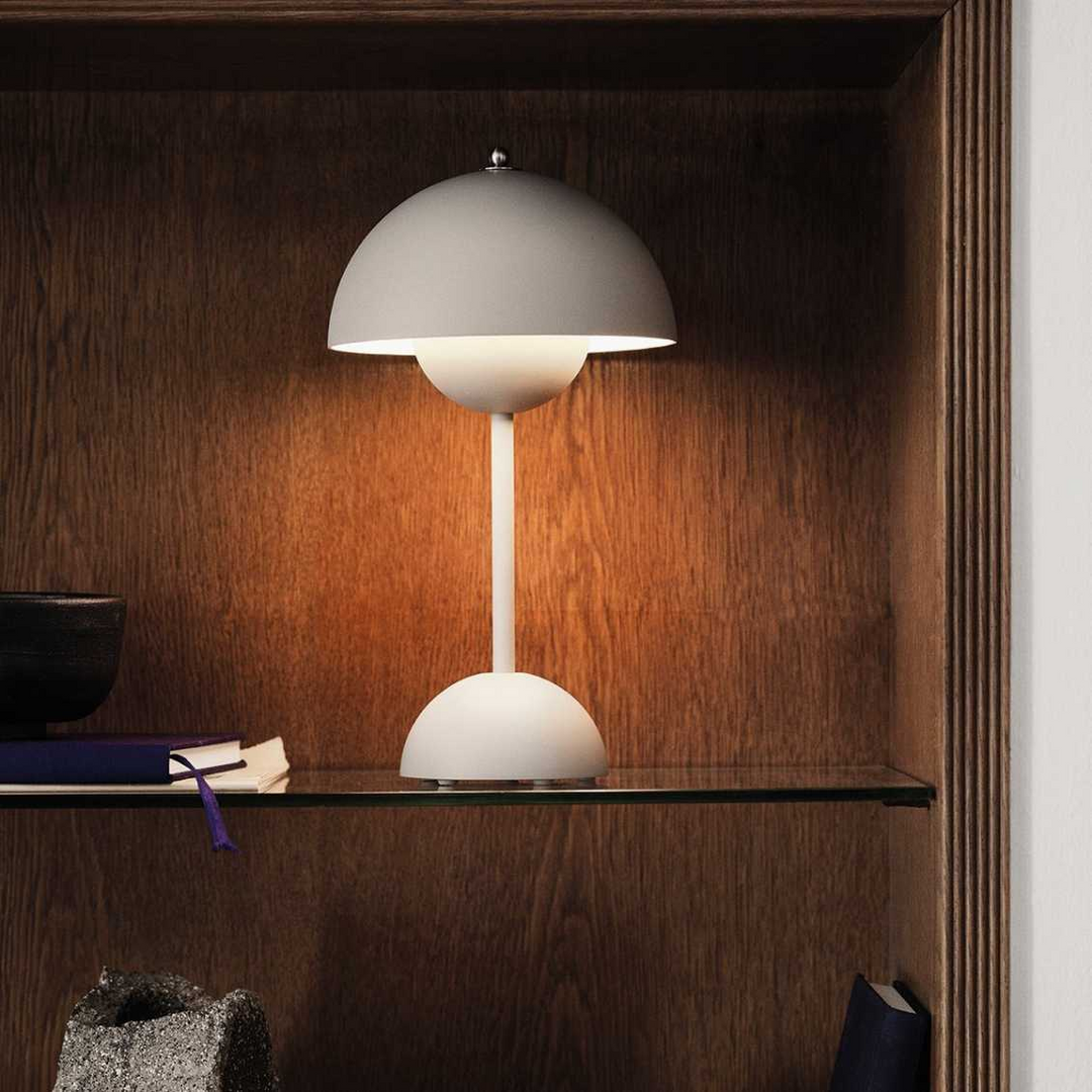 Cordless Retro LED Table Lamp with umbrella shade; emits warm glow; portable and customizable with modern energy-efficient de