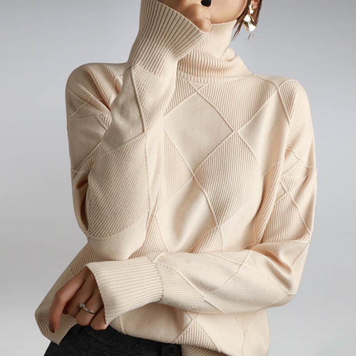 "Cozy cashmere women's turtleneck sweater, rib-knit design, available in beige, black, brown, grey, orange, pink, turquoise, 