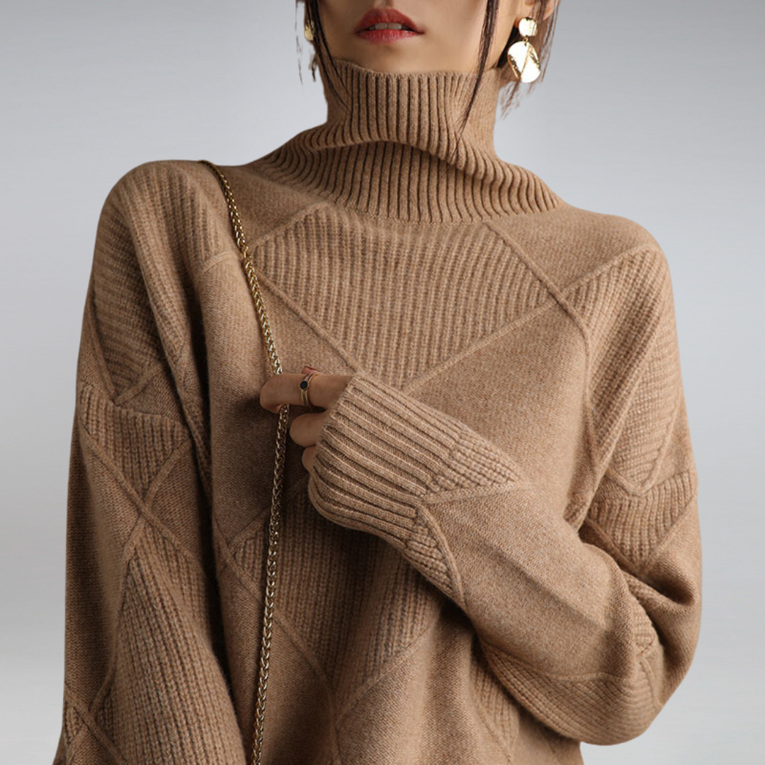 "Cozy cashmere women's turtleneck sweater, rib-knit design, available in beige, black, brown, grey, orange, pink, turquoise, 