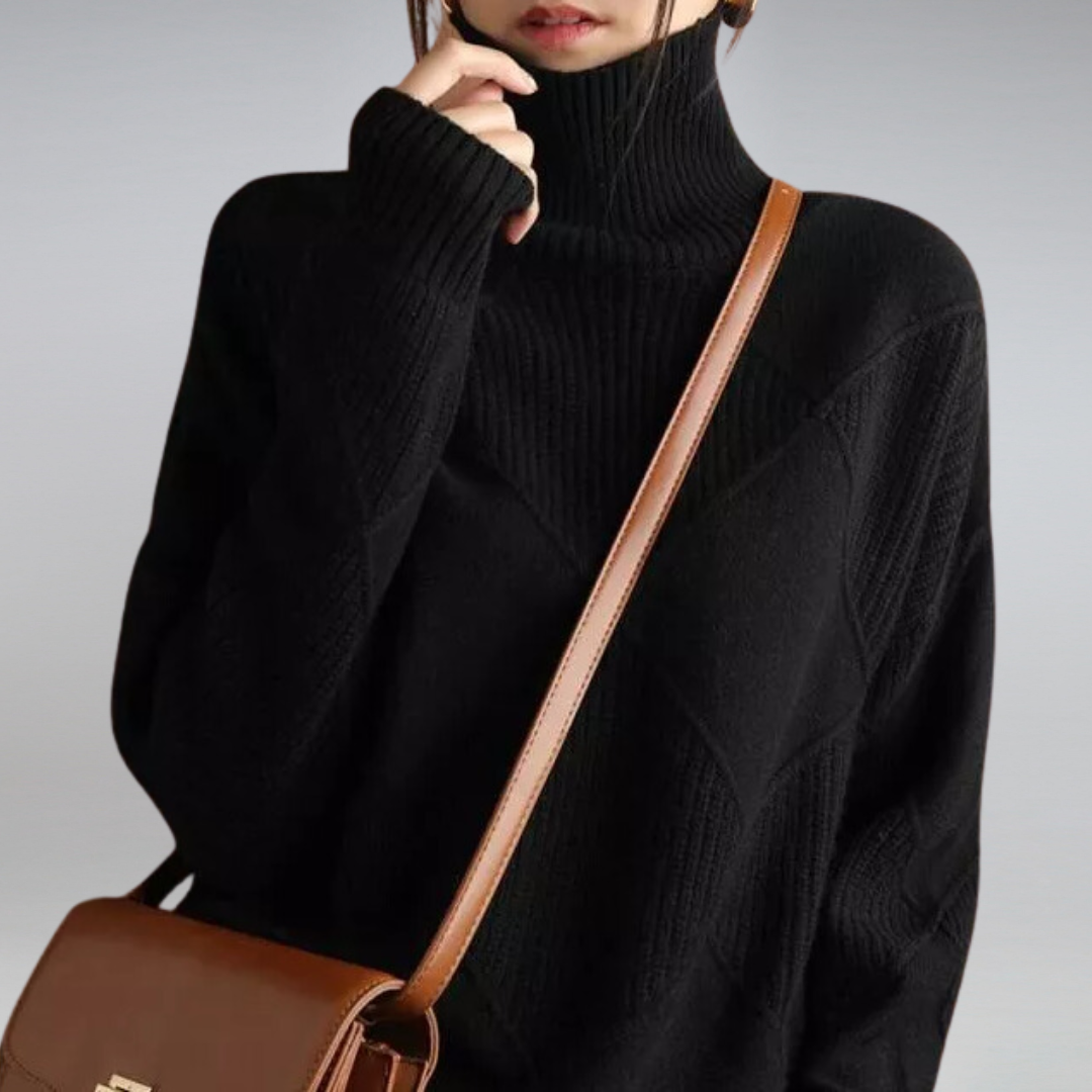 "Cozy cashmere women's turtleneck sweater, rib-knit design, available in beige, black, brown, grey, orange, pink, turquoise, 