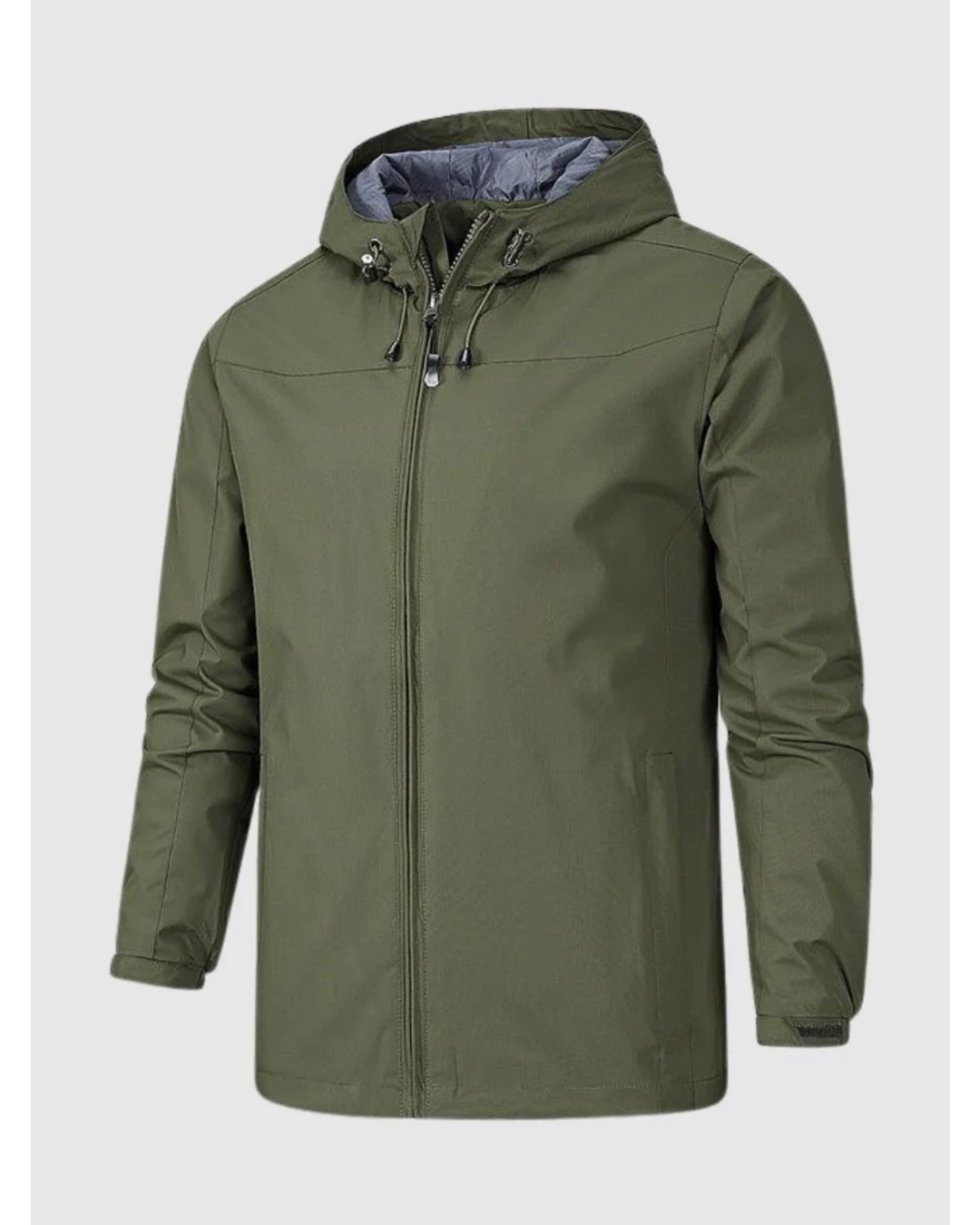 "Elegant men's water resistant autumn jacket with sleek design, featuring a minimalist style, adjustable hood, and zipper poc