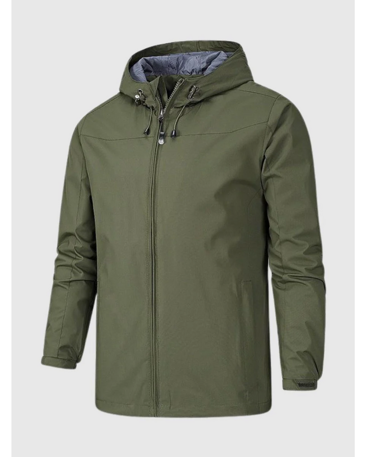 "Elegant men's water resistant autumn jacket with sleek design, featuring a minimalist style, adjustable hood, and zipper poc