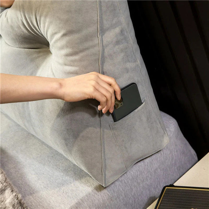 "Luxury Ergonomic Wedge Pillow; soft, angled design for back and neck support; ideal for reading, relaxing, versatile colors.
