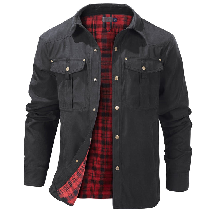 "Men's Traverse Insulated Jacket, black, polyester outer, cotton-flannel lining, versatile outdoor wear with chest pockets"