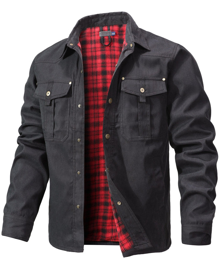 "Men's Traverse Insulated Jacket, black, polyester outer, cotton-flannel lining, versatile outdoor wear with chest pockets"