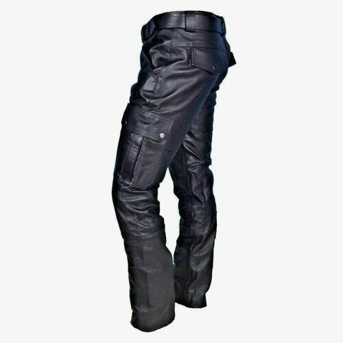 "Men's black leather motorcycle pants with cargo pockets, faux leather, for adventure riding and urban wear."