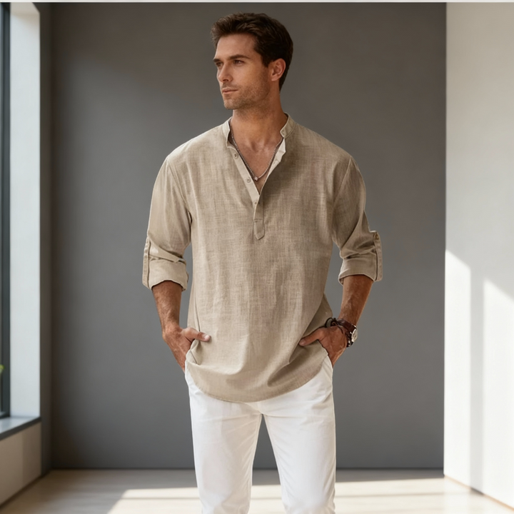 "Men's linen long sleeve polo with chino collar, half button-up design, classic fit, in timeless muted colors"