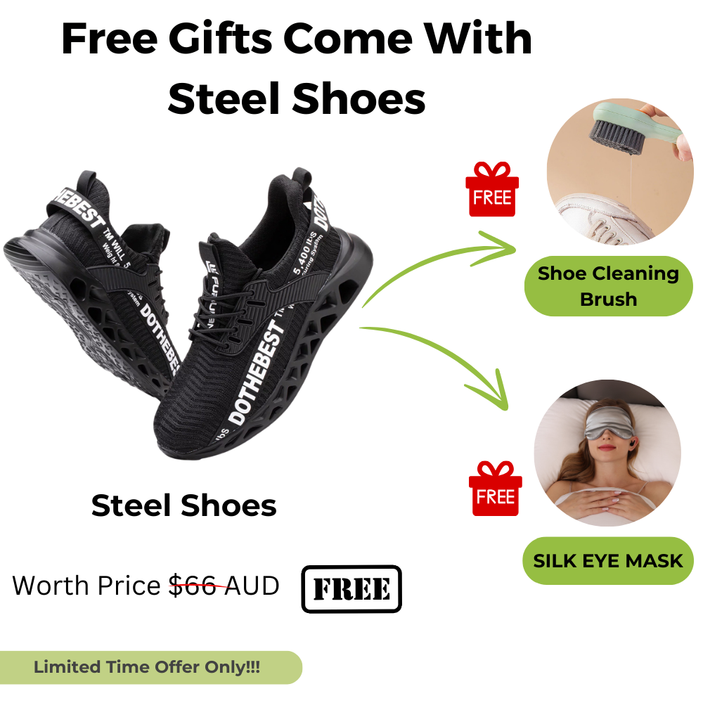 "Men's ultra-light breathable steel toe shoes, black and red, front view. Offers safety and comfort for work environments."