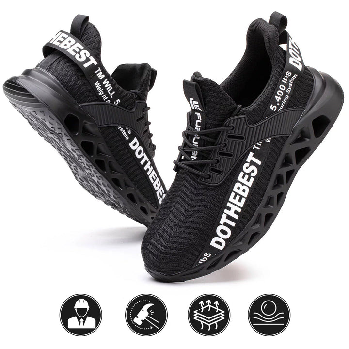 "Men's ultra-light breathable steel toe shoes, black and red, front view. Offers safety and comfort for work environments."
