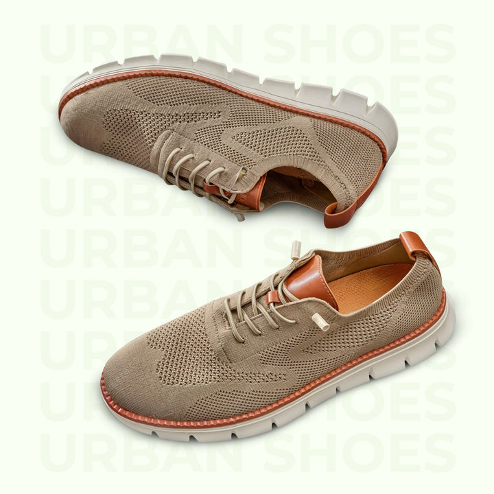 "Men's urban shoes with breathable soles and comfort fit, available in black, blue, brown, khaki, olive, and white."