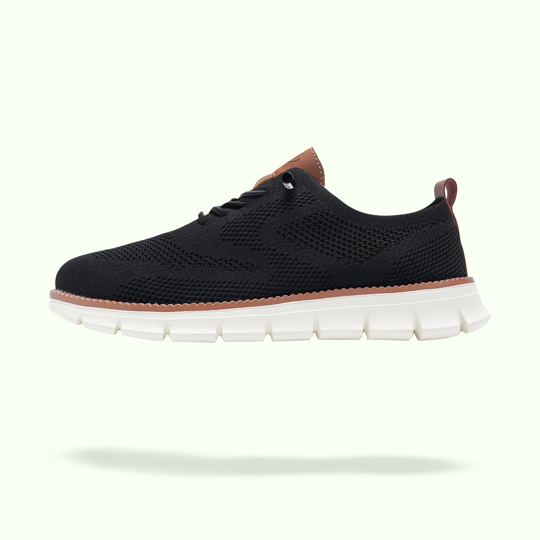 "Men's urban shoes with breathable soles and comfort fit, available in black, blue, brown, khaki, olive, and white."