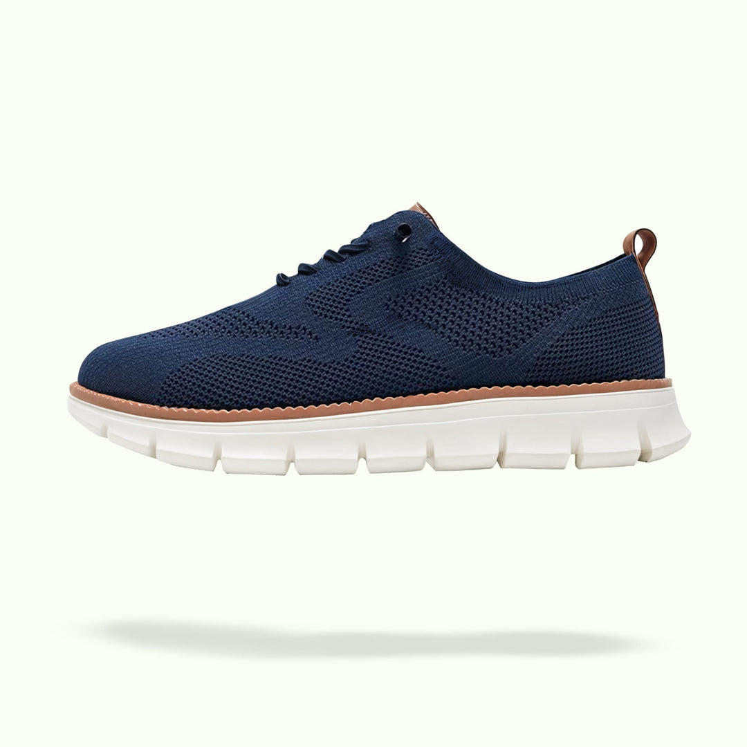 "Men's urban shoes with breathable soles and comfort fit, available in black, blue, brown, khaki, olive, and white."