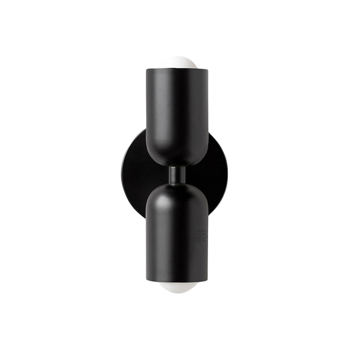Nordic colourful double head wall light in vibrant colors, painted iron, sleek cylindrical design, casts light up and down.