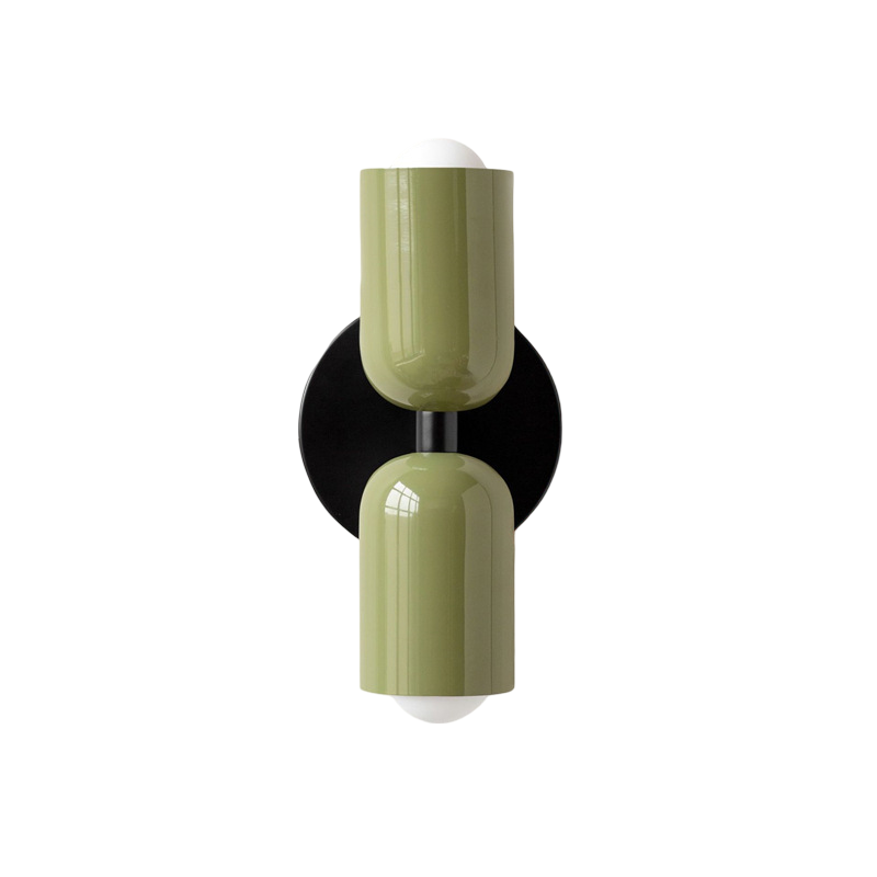 Nordic colourful double head wall light in vibrant colors, painted iron, sleek cylindrical design, casts light up and down.