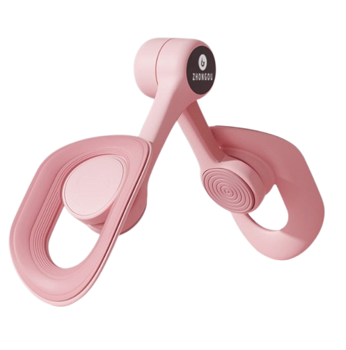 Pink adjustable pelvic and thigh trainer, compact design with digital counter, suitable for all fitness levels and portable.