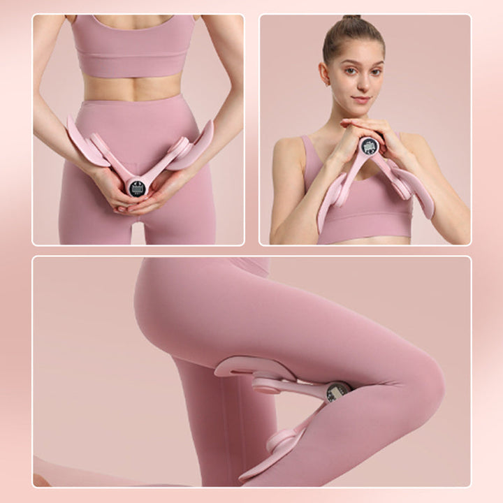 Pink adjustable pelvic and thigh trainer, compact design with digital counter, suitable for all fitness levels and portable.
