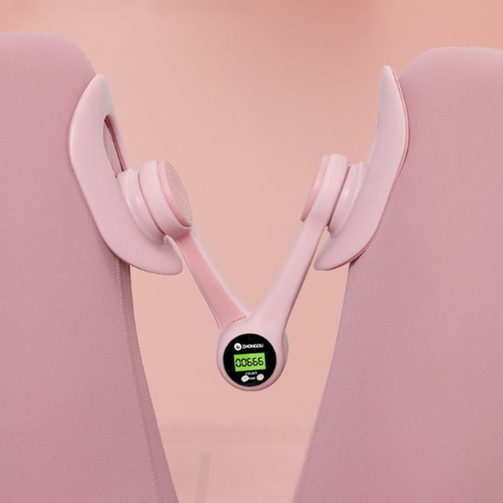 Pink adjustable pelvic and thigh trainer, compact design with digital counter, suitable for all fitness levels and portable.