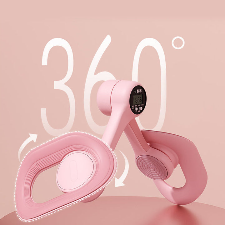 Pink adjustable pelvic and thigh trainer, compact design with digital counter, suitable for all fitness levels and portable.