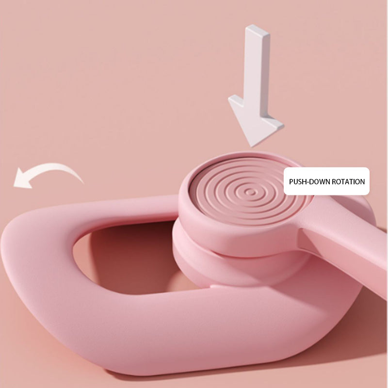 Pink adjustable pelvic and thigh trainer, compact design with digital counter, suitable for all fitness levels and portable.