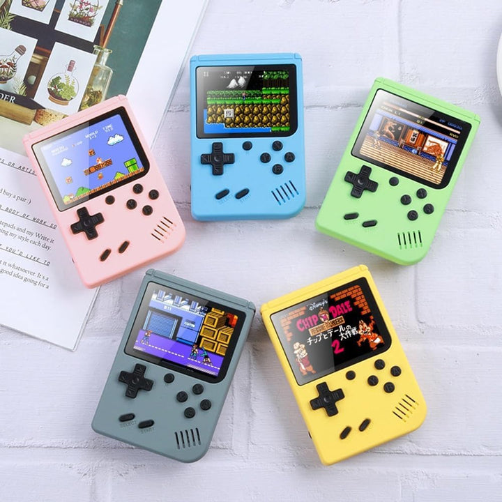 "Portable retro game player with 400+ classic games, sleek design, vibrant color options, fits in your pocket."
