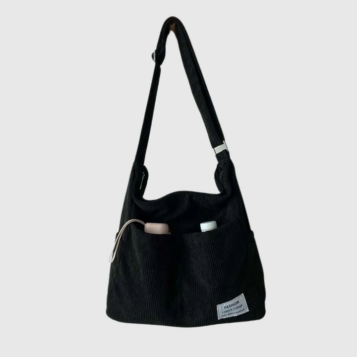 Ribbed velvet shoulder bag in beige, black, brown, green, grey with spacious interior for stylish, organized essentials.