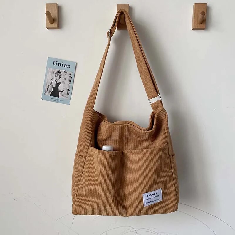 Ribbed velvet shoulder bag in beige, black, brown, green, grey with spacious interior for stylish, organized essentials.
