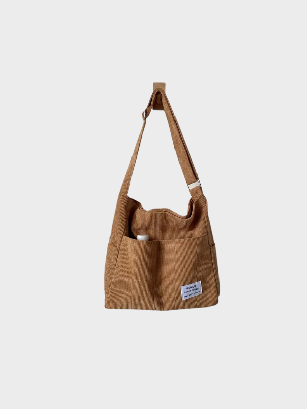 Ribbed velvet shoulder bag in beige, black, brown, green, grey with spacious interior for stylish, organized essentials.