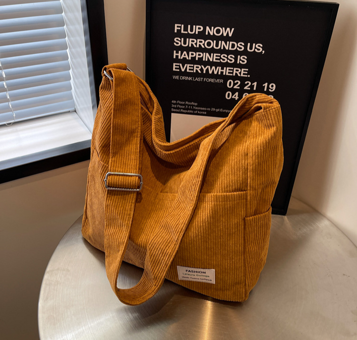 Ribbed velvet shoulder bag in beige, black, brown, green, grey with spacious interior for stylish, organized essentials.