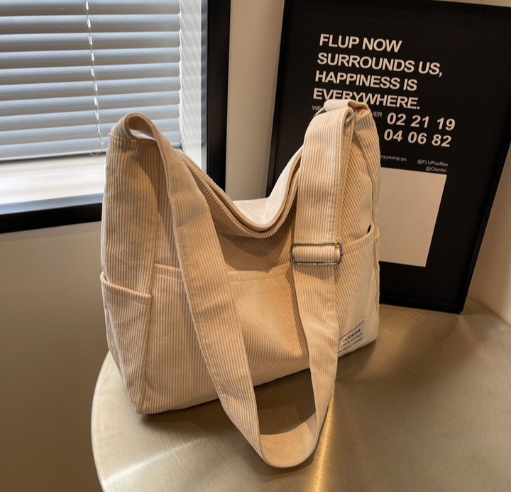Ribbed velvet shoulder bag in beige, black, brown, green, grey with spacious interior for stylish, organized essentials.