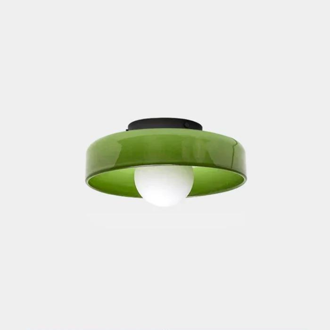 "Round ceiling lamp of high-quality glass in vibrant orange, stylish design, perfect for modern interiors, enhancing any spac