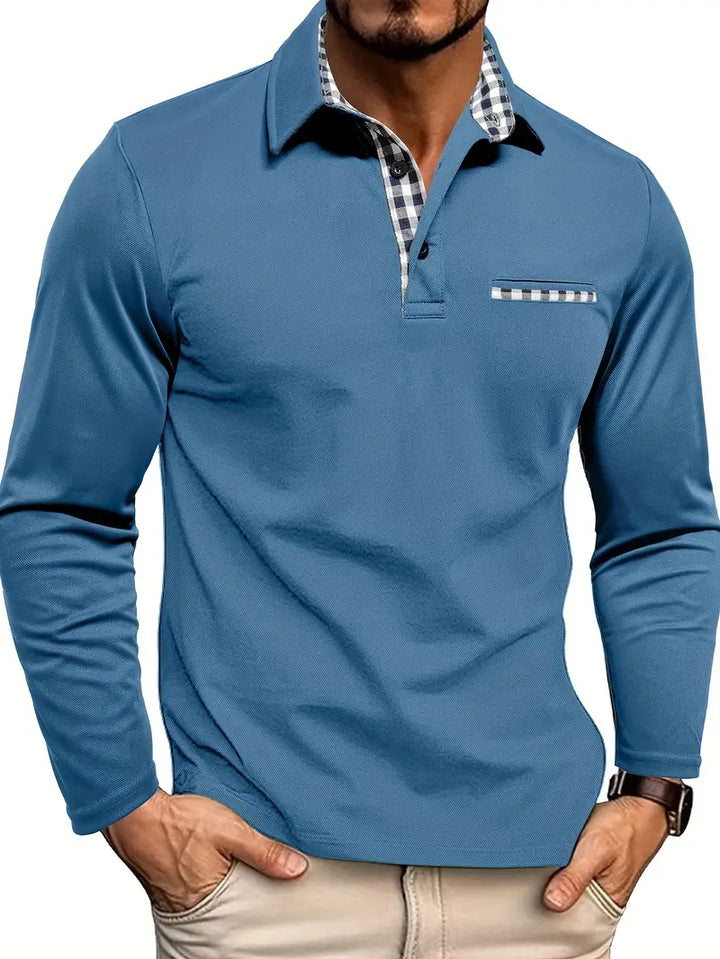 Stylish men's long sleeve polo shirt in high-quality fabric, perfect for casual and smart-casual occasions, in blue.