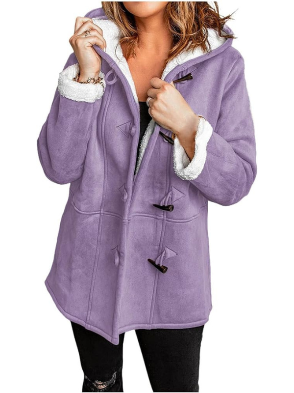 "Stylish women's fleece-lined hooded coat in various colors, ideal for warmth and casual elegance during cold months."