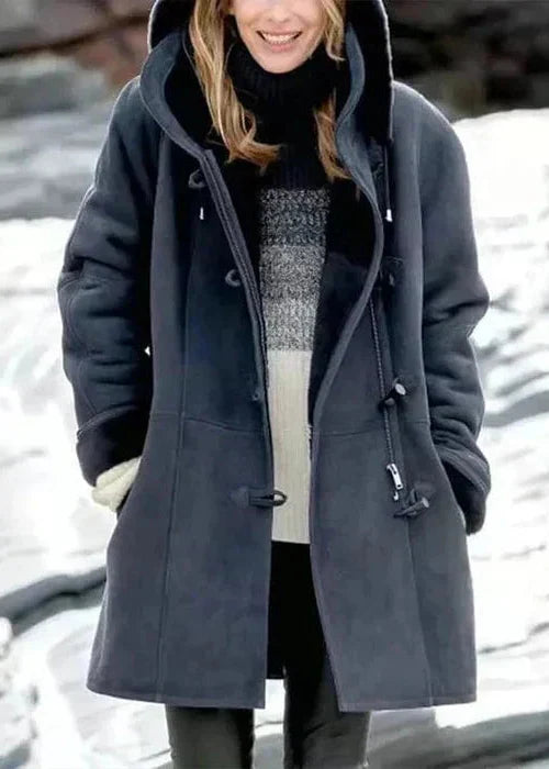 "Stylish women's fleece-lined hooded coat in various colors, ideal for warmth and casual elegance during cold months."