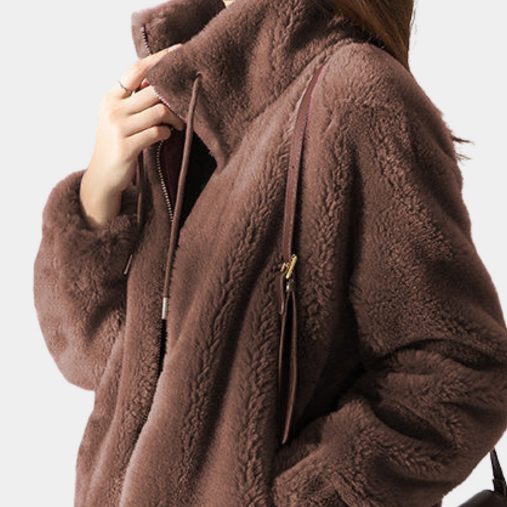 "Stylish women's warm jacket, grey, zip closure, premium polyester, elegant design, versatile fit for the chilly season."